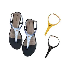 Cameleo -changes with You! Cameleo -changes with You! Women's Plural T-Strap Slingback Flat Sandals | 3-in-1 Interchangeable Leather Strap Set | Silver-Yellow-Black