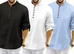 FINIVO FASHION Combo of Men’s Casual Full Sleeve Kurta Style Shirt with Button Placket |Regular Fit Ethnic Fusion Wear| Lightweight Breathable Fabric |for Daily & Festive Use Pack of 3
