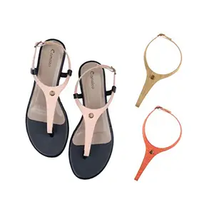 Cameleo -changes with You! Women's Plural T-Strap Slingback Flat Sandals | 3-in-1 Interchangeable Strap Set | Baby-Pink-Olive-Green-Red