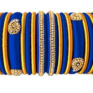 HARSHAS INDIA CRAFT Hand Craft Silk Thread Bangles Plastic Bangle With Gold Set For Women & Girls (Dark Blue) (Pack of 18) (Size-2/10)