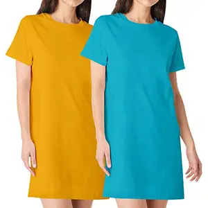 Pooplu Women's Regular Fit Premium Plain Knee Length Cotton Round Neck Half Sleeves Combo Pack of 2 Yellow, Turquoise Tshirts. Knee Long, Three Fourth Pootlu Tshirts.(Oplu_Multicolored_4X-Large)