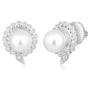Peora Silver Plated Cubic Zirconia & Pearl Studded Stud Earrings Fancy Office Work Regular Jewellery Gift for Women & Girls
