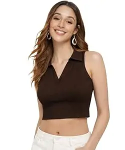 GLOWBERRY Womens & Girls Solid Ribbed V-Neck Collarless Sleeveless Slim Fit Stylish Tank Top 70% Cotton 20% Elestane 10% Polyester