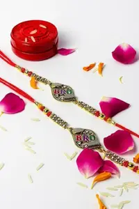 Traditional Gold Plated BRO Rakhi Bracelet for Raksha Bandhan, Thread with Crystal Stones, 25 cm, Unisex