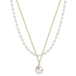 Layered Pearl Necklace Chain and Pearl Pendant, Double Strand Design,