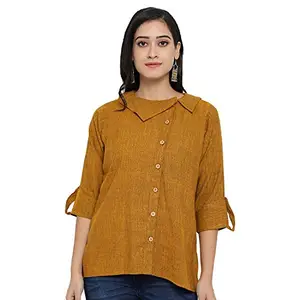 Indietoga Women's Mustard Cotton Linen Tunic Shirt Tops (X-Large)