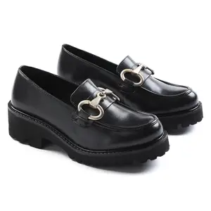 Women's Platform Loafers with Metal Horsebit Detail, Chunky Lug Sole, Black Leather (Black, UK Footwear Size System, Adult, Women, Numeric, Medium, 6.5)