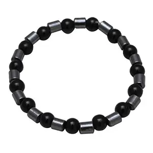 Memoir Black Ball Beads and gun metal cylindrical shape Beads stretch Fashion Bracelet for Men and Women