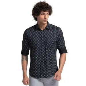 Parx Men's Slim Fit Cotton Blend Print Pattern Full Sleeve Semi Cutaway Collar Black Casual Shirt (Size: 39)-XMSS12495-K8