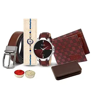 Relish Rakhi Gift Pack for Brother - Brown Men's Leather Wallet, Card Holder, Waller and Belt and Rakhi Combo Gift Pack for Brother
