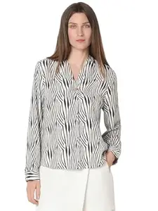 VERO Moda Women Polyester Regular Fit Printed V-Neck Top | Button Detailing| Long Sleeves with Cuffs|Day to Evening