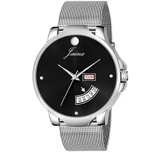 jainx Day and Date Silver Mesh Chain Analog Wrist Watch for Men - JM7118