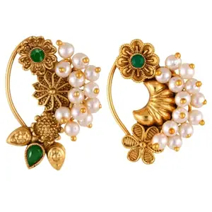 Vivastri's Premium & Elegant Peackock Style Cubic Zirconia Bead Studded Nose Rings For Women & Girls -VIVA1181-1179NTH-Press-Green
