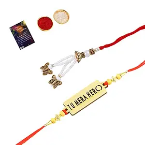Bhaiya Rakhi " Tu Mera Hero" With Designer Bhabhi Rakhi Combo With Roli Chawal And Greeting Card -1344