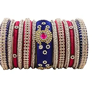 HARSHAS INDIA CRAFT Hand Made Silk Thread Bangles Designer Stone Worked Bridal/Wedding Chuda Bangle Sets For Womens (Blue-White-Pink-Green) (Pack of 13) (Size-2/2)
