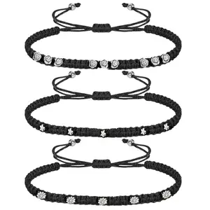 VAMA Womens FASHIONS Adjustable Black Kala Thread Nazar Anklet Combo (3 Pieces) With Sunflower Rose Star Charms Handmade Drishti Anklets