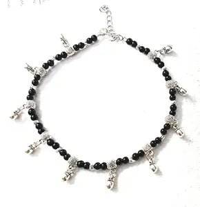 LIGAMENT Black Beads With Silver Plated Hanging Anklet For Girls Women