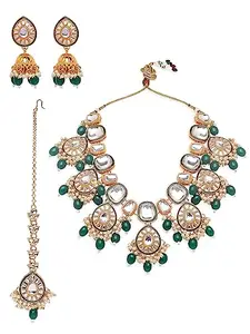 fabula Jewellery Green Meenakari & Kundan Beads Heavy Bridal Wedding Necklace Set with Jhumka Earrings & Maangtikka For Women & Girls