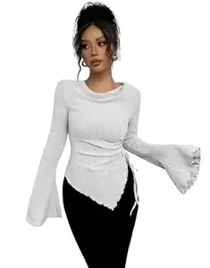 GORBETALI Ribbed Bell Sleeve | Round Neck Slim Fit Stretchable for Casual