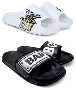Pampy Angel Combo Pack of 2 Slipper/Flip Flops/Slides for Men,(Y-Too-Goat-White,Badboy-Black),6 (UK/India)