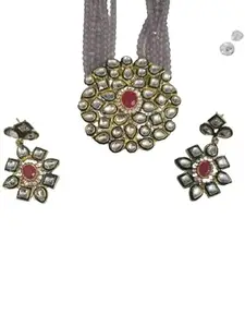 5 Layered Emerald Onyx Crystal Beads Alloy Necklace Jewellery Set Glided With Uncut Polki Kundan for Women & Girls (GREY)