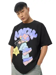 The Souled Store Originals : Fun-Guy Mens and Boys Oversize Fit Half Sleeves Cotton T-Shirt Black