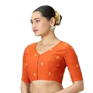 Studio Shringaar Women's Handloom Cotton Stretchable (Smocked) Saree Blouse with Temple Zari Border