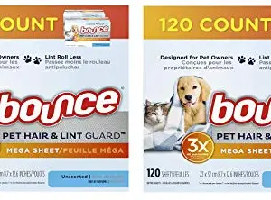 Bounce Pet Hair and Lint Guard Mega Dryer Sheets for Laundry, Fabric Softener with 3X Pet Hair Fighters, Unscented, Hypoallergenic, 120 Count (. 0 2 Box of 120)