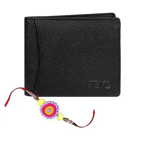 ABYS Men's Genuine Leather Black Wallet with Rakhi Gift Set Combo