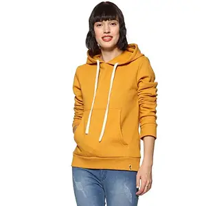Campus Sutra Women Mustard Yellow Solid Regular Fit Sweatshirt with Hoodie for Winter Wear | Full Sleeve | Cotton Sweatshirt | Casual Sweatshirt for Woman | Western Stylish Sweatshirt for Women