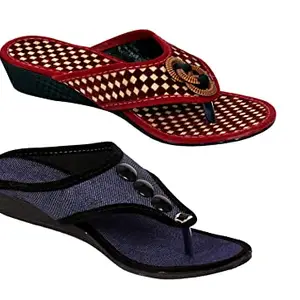 Women's Textile Flip-Flops Slippers, Pack Of 2 (Maroon-Blue-Numeric_7)