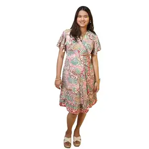 NRE Fashion Floral Paisley Midi Dress with Flutter Sleeves | Pink and Green Pattern | Knee Length Wrap Dress | Convertible Shrug | Elegant Beach Wear | Casual Style | Front Openable and Side Loop