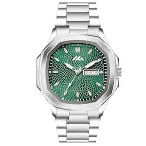 ON TIME OCTUS Analogue Stylish Silver Color Case with Stainless Steel Strap and Day Date Display Men's Wrist Watch (Green)