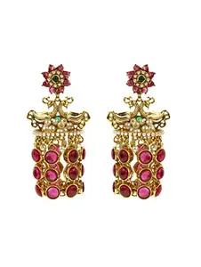 Priyaasi Pink Jhumka Earrings for Women | Stone-Studded | Drop of Pearl | Earrings in Peacock Flower Design | Gold-Plated | Brass Metal | Pushback Closure | Ethnic Earrings for Weddings, Sangeet, & Festivals