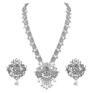 I Jewels Navratri Ethnic Stylish Silver Oxidised Radha Krishna Design Long Necklace Jewellery Set for Women And Girls (Style-2)