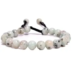 RRJEWELZ Natural Kiwi Jasper Round Shape 8mm Smooth Beads Black Color Threaded Adjustable Bracelet For Men & Women. |TDBR_1057