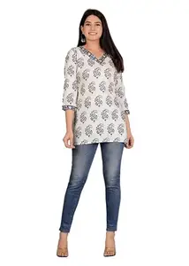 Trendy Women Girls Printed Rayon Short Kurta Cream(Cream)