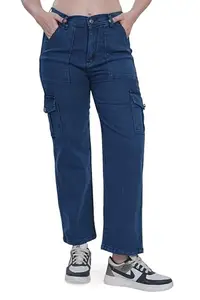 FGJ Women’s Dark Blue High-Rise Cargo Jeans – Stretchable & Comfortable for Adults (in, Numeric, 28)