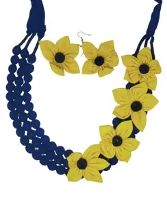 Sabnoor handcrafted fabric jewellery for womens with necklace and earings (Blue-Yellow)