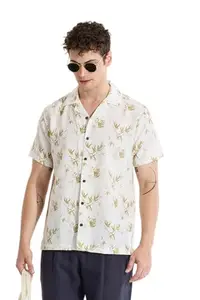 Snitch Viscose Blend Cuban Collared Casual Cream Printed Box Fit Shirt