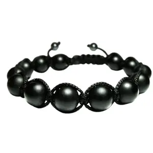 RRJEWELZ Natural Matte Onyx Round Shape 10mm Smooth Beads Black Color Threaded Shamballa Adjustable Bracelet For Men & Women. |TDBR_1221