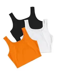 Toochki Women's Knitted Sleeveless Solid Sqaure Neck Ribbed Tank & Crop Tops (Pack of 3)