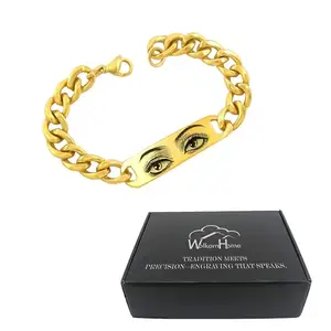 WolkomHome Custom Eye Engraving Bracelet – Personalized Stainless Steel Braclet for Men & Women, Unique Gift for Birthday, Anniversary, Rakhi, Diwali (Golden LInk Chain Braclet)