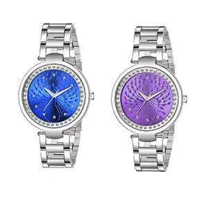 Watch City Analog Watch for Women and Girl Round Dial and Stainless Steel Belt (Combo) (Set of 2) Purple Blue