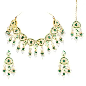 Peora Gold Plated Green Synthetic Stone & Beads Studded Choker Necklace Dangle Earrings & Maangtikka Set Ethnic Jewellery for Women & Girls