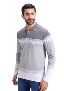 PRORIDERS Men's Cotton Rich Striped Polo T Shirt with Pocket | Collar Tshirts | Full Sleeves - Regular Fit Grey