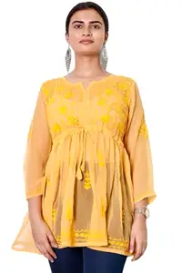 Georgette Chikankari Short Kurta Top Kashmiri Embriodered Frock Kurti Tunic for Women and Girls Yellow