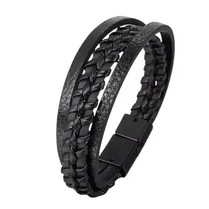 SV European Style Genuine Leather Bracelet with Multi-Layer Braided Leather Buckle for Men & Boy