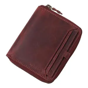 Men's and Women's Genuine Leather Wallet, 10 Card Slots, Zipper Closure, RFID Blocking, Red (Maroon)