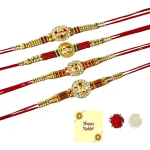 DMS RETAIL Handcrafted Traditional Swastik ganesh Om Tortoise Rakhi For Brother Moli band With Greetings Card And Rakhi Band Set Of 4 (COMBO54)